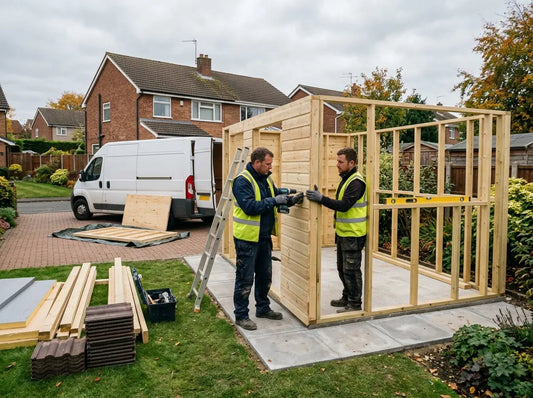 Garden building installation in a UK garden