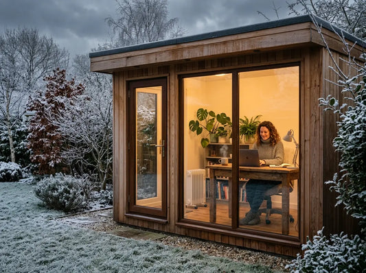 Modern insulated garden office in winter