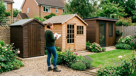 Comparing wooden garden sheds in a UK garden
