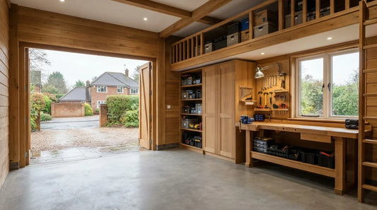 Detached garage interior ideas with storage and workshop layout