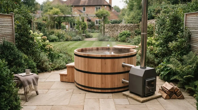 Wood-fired hot tub with external heater in a landscaped British garden