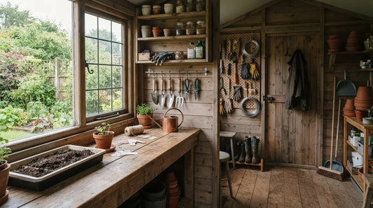  Practical garden shed interior with window, workbench and tool storage