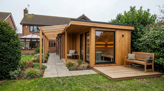Home wellness space with sauna in a UK garden