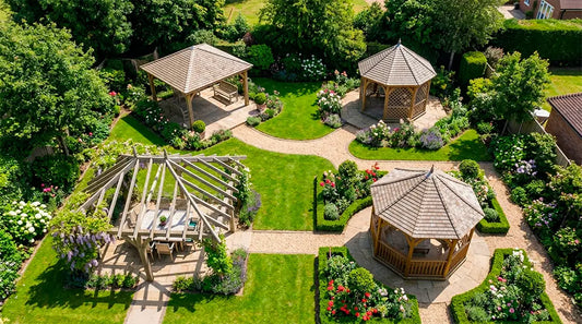 Wooden gazebos with different shapes in a landscaped garden