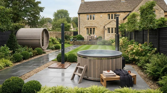 Outdoor hot tub and sauna in a landscaped UK garden