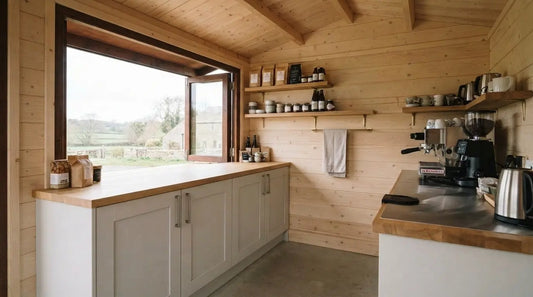 Compact retail cabin interior with open layout and natural light