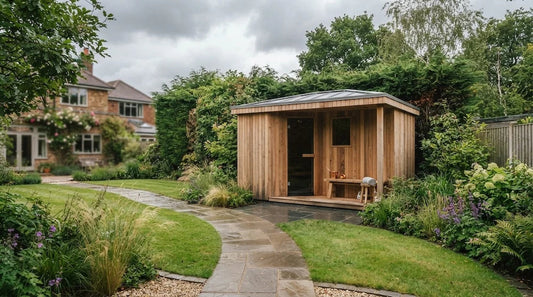 Outdoor sauna in a relaxing UK garden setting