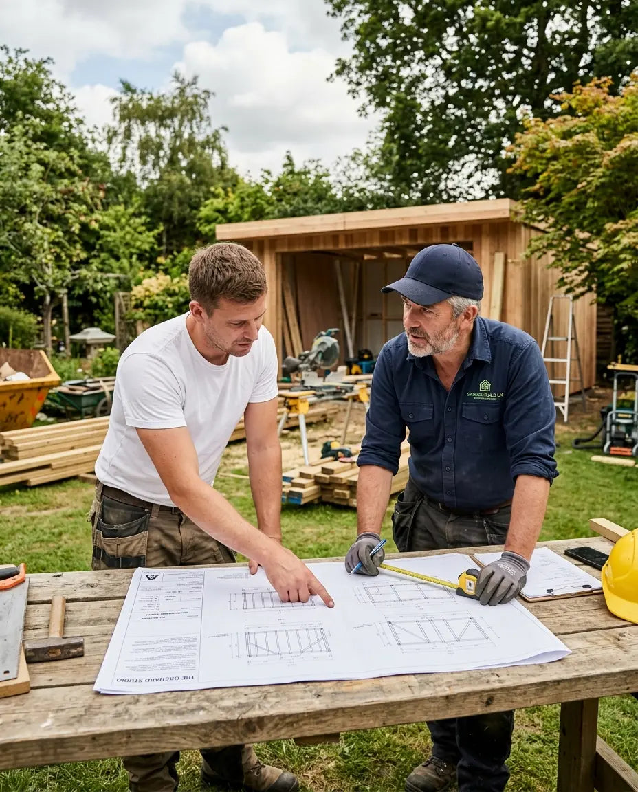 Timber house builders reviewing architectural plans on site in the UK