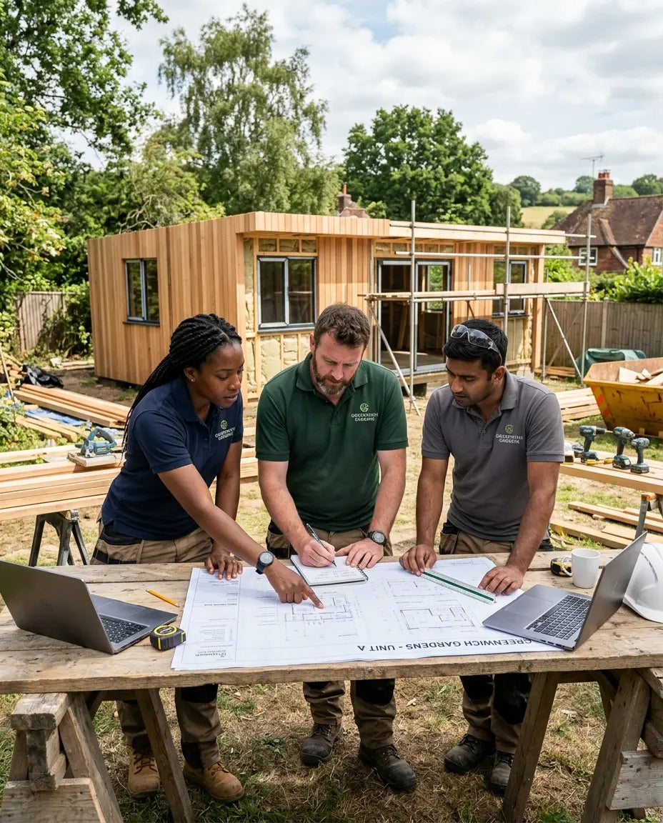 Timber frame construction team reviewing architectural plans on site UK