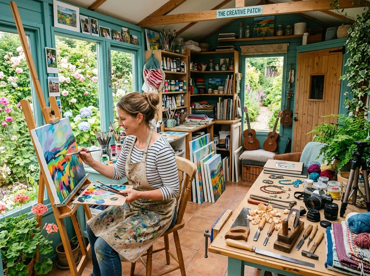 Artist working inside a timber garden studio in a UK backyard