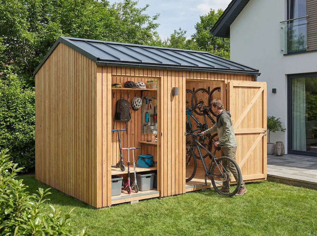 Wooden garden shed for bike and outdoor gear storage in UK garden