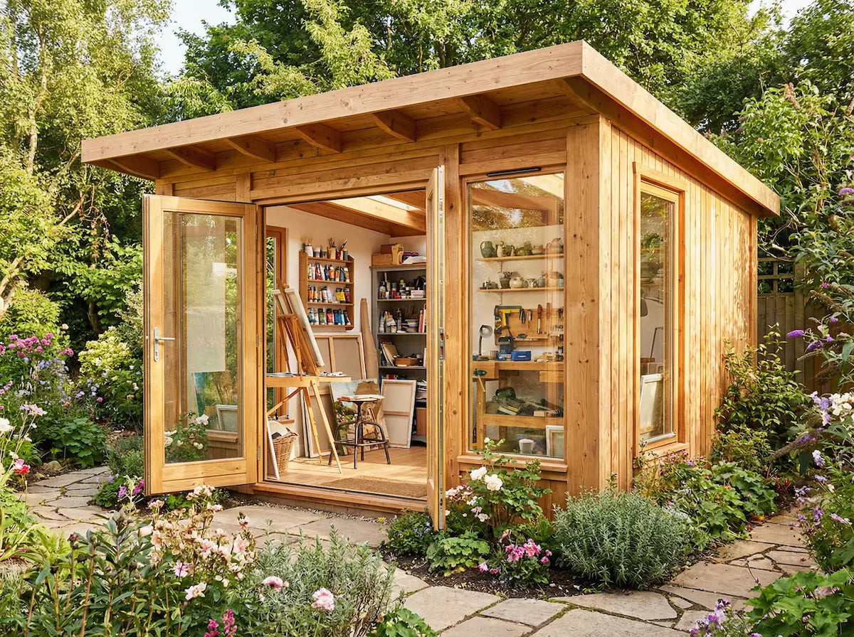 Wooden garden studio used as creative hobby space in UK garden