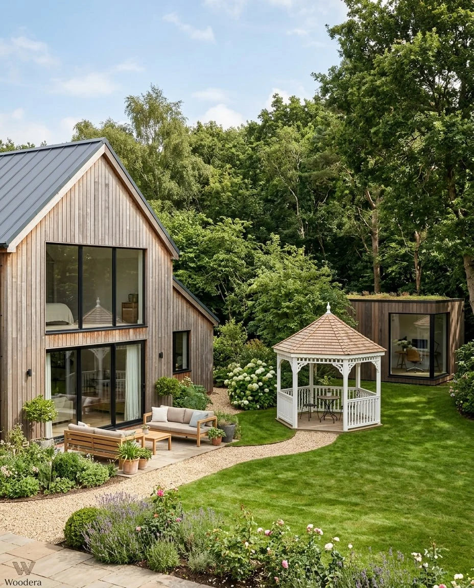 Modern timber house with landscaped garden and gazebo UK