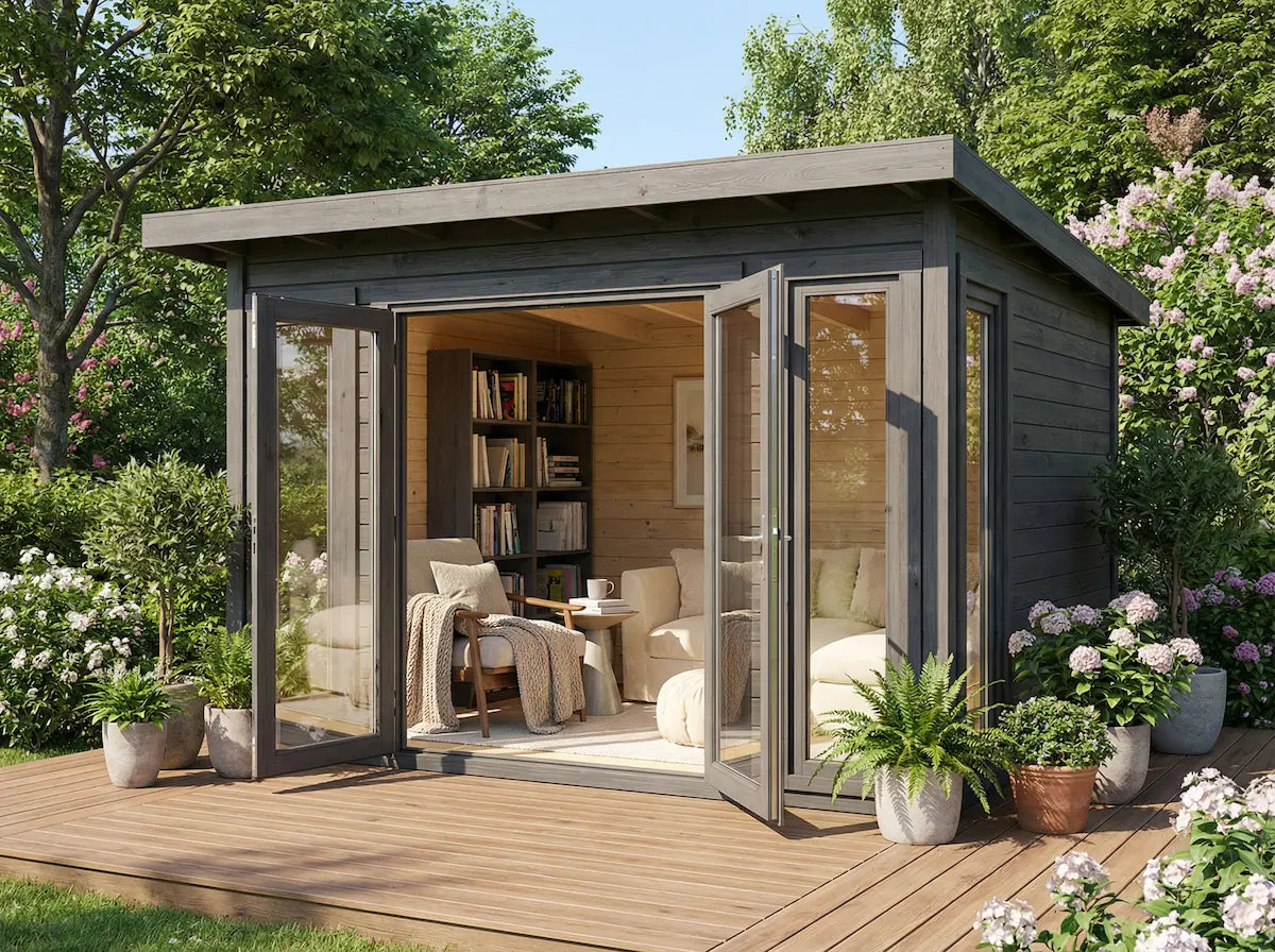 Modern garden room for guest accommodation in UK backyard