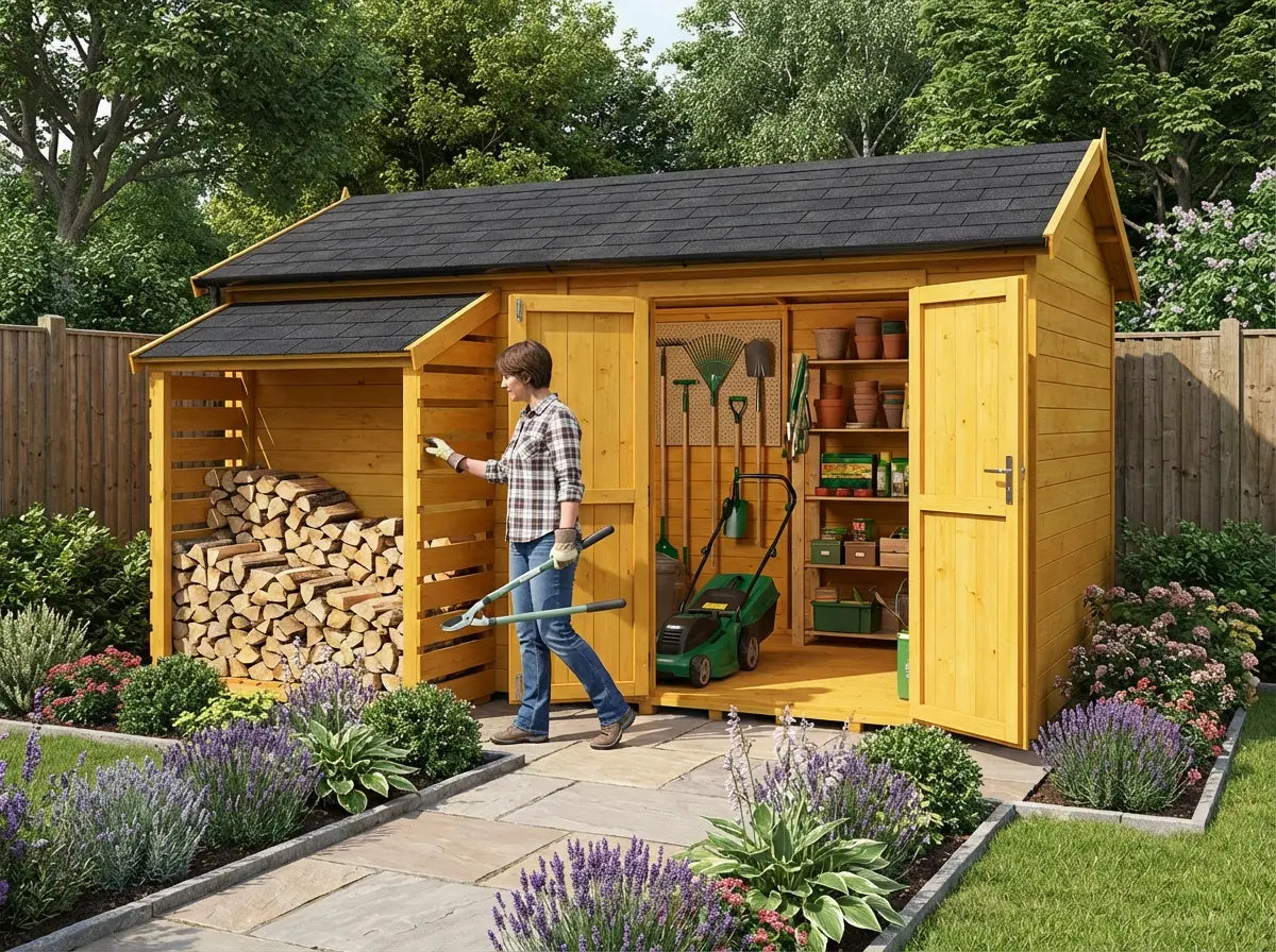 Wooden garden shed with side log store for firewood storage UK