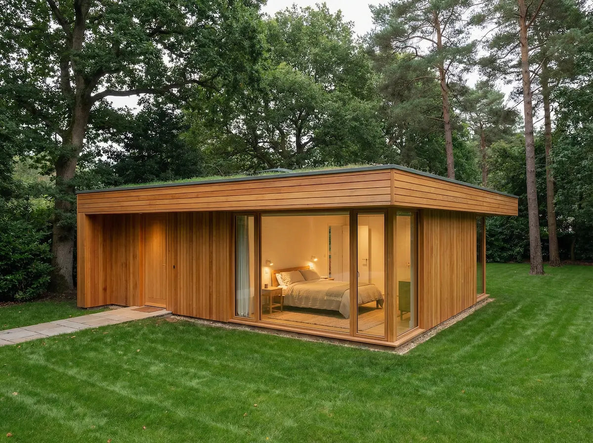 Wooden single storey guest house with bedroom and garden access UK