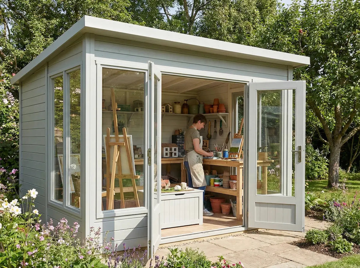 Multi purpose wooden garden shed used as hobby and craft space UK