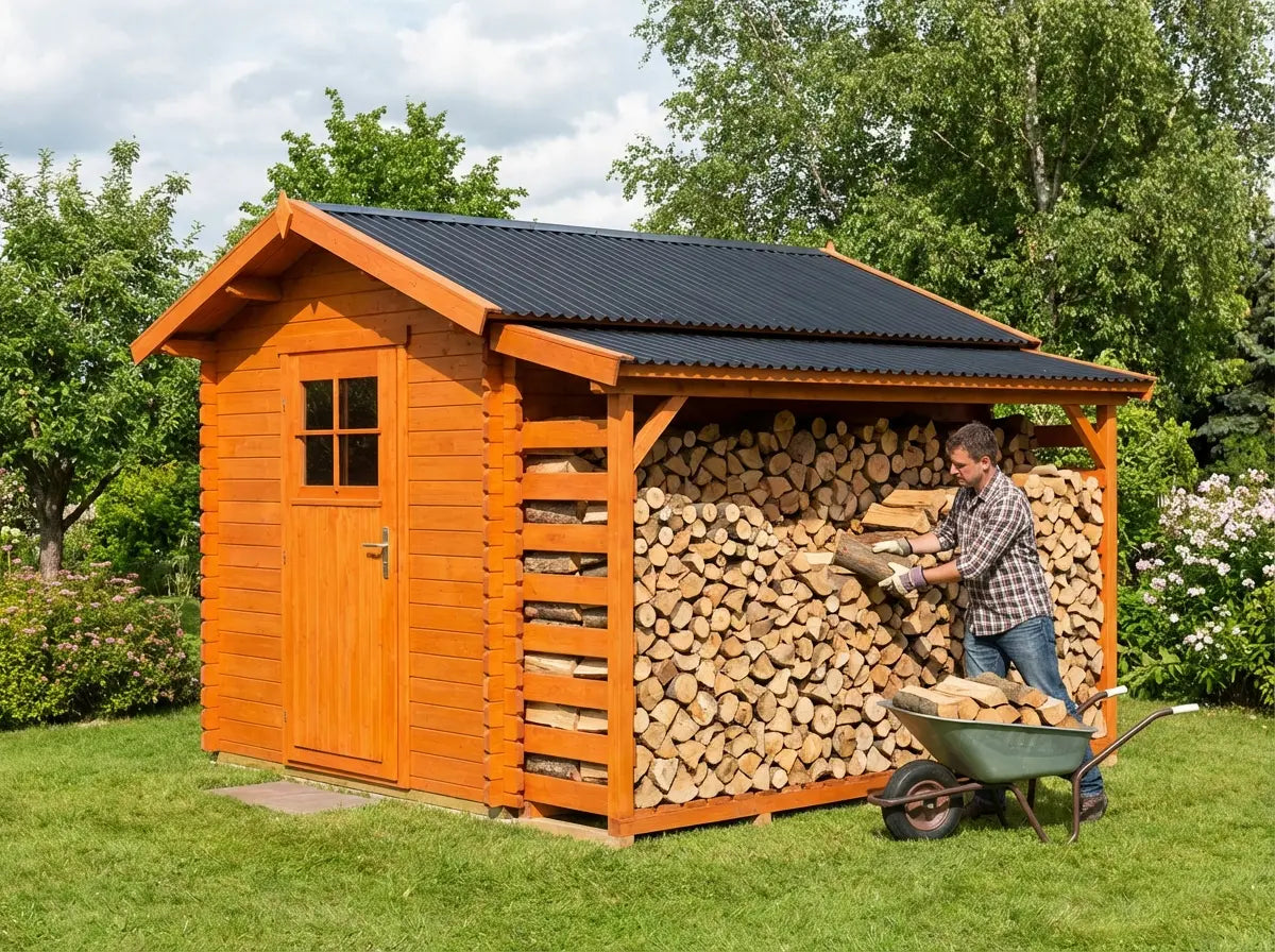 Garden shed with covered log store for year round firewood storage UK