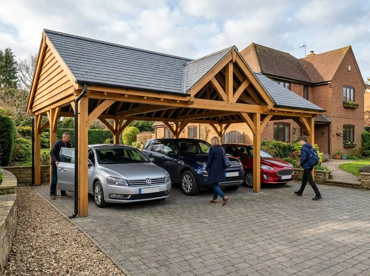 Triple wooden carport for three cars on UK driveway