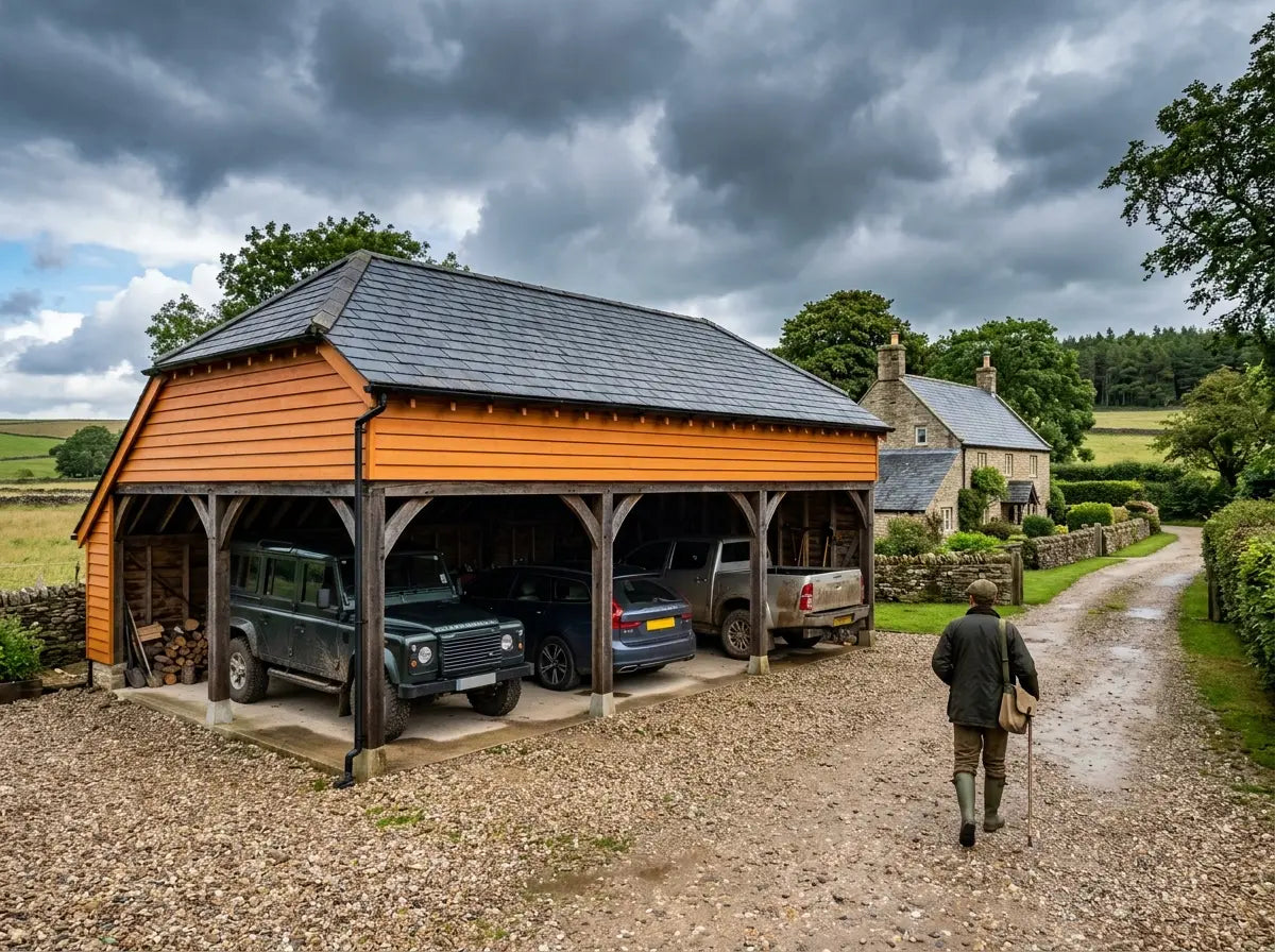Oak framed three bay wooden carport for rural property UK