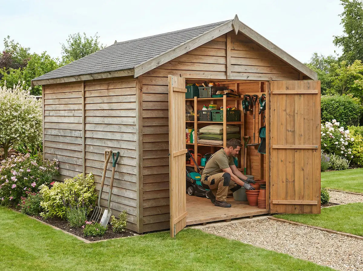 Timber garden shed with double doors for secure tool storage in UK