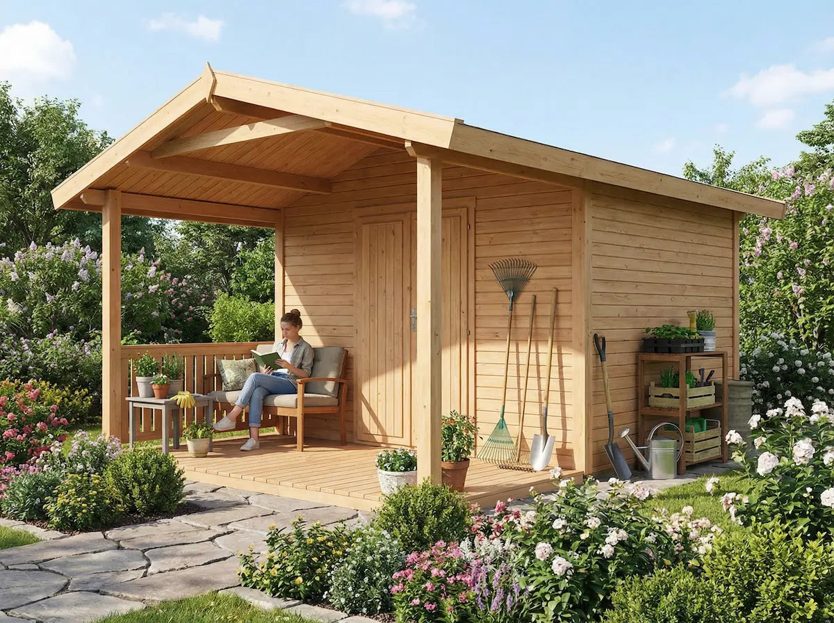 Wooden garden shed with covered porch area in landscaped UK garden