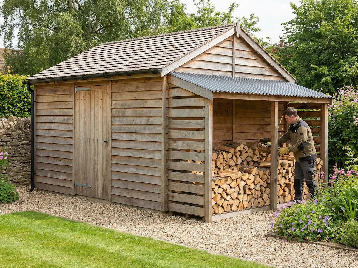 Wooden garden shed with integrated log store for firewood storage UK
