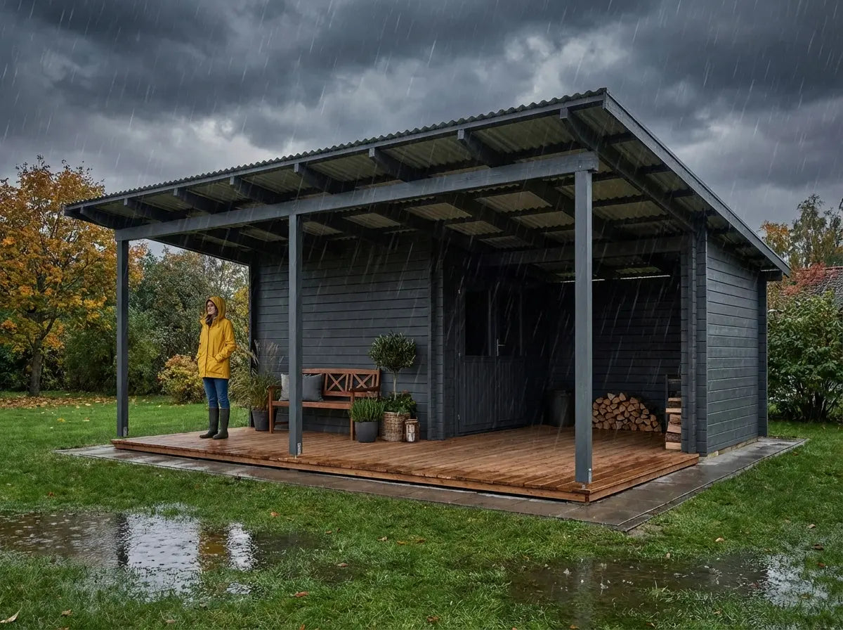 Modern timber garden shed with large covered terrace in UK garden