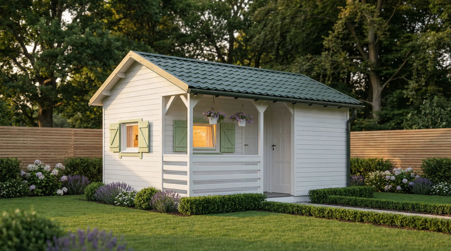Almond Lodge by Woodera white timber garden lodge with pitched roof