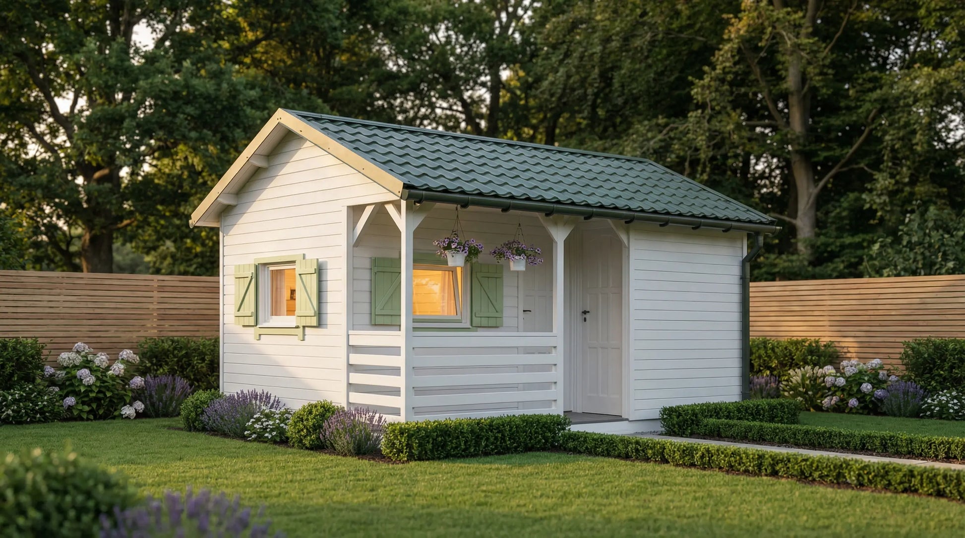 Almond Lodge by Woodera white timber garden lodge with pitched roof