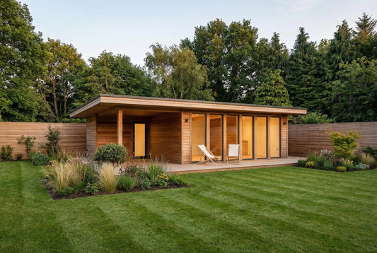 Aurora Lodge by Woodera – modern timber garden lodge with large glass windows