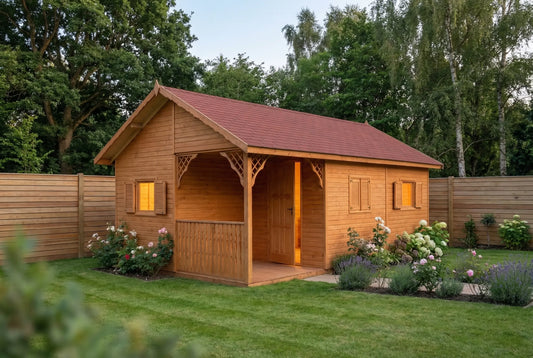 Brookfield Lodge by Woodera – traditional timber garden lodge with covered porch