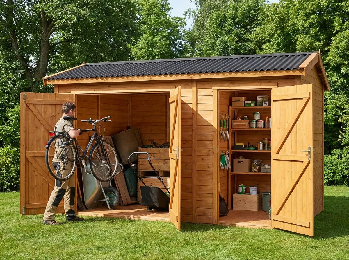 Wooden garden shed with separate storage room for bulky and small items UK
