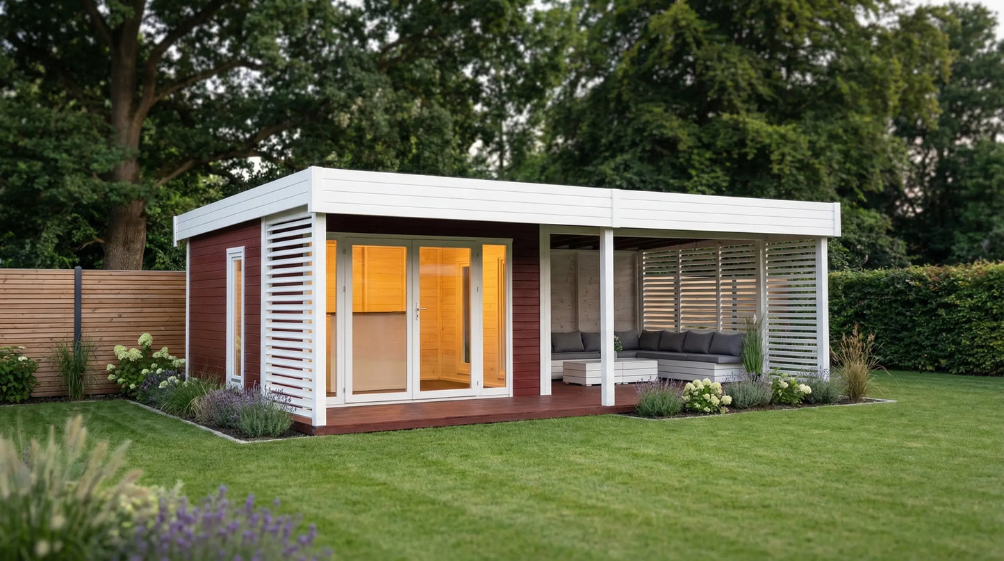 Cambridge by Woodera modern flat roof garden room with covered seating area