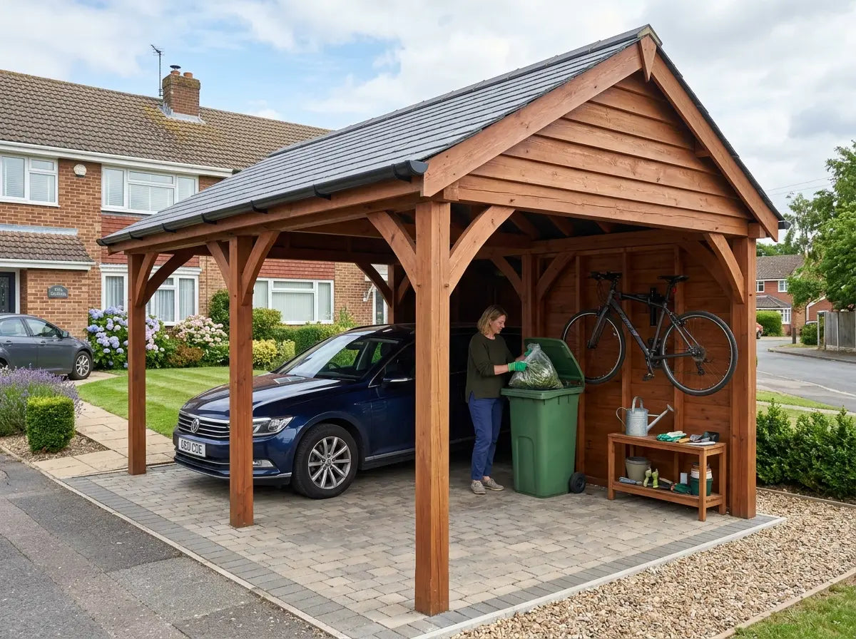 Single wooden carport with side storage for UK driveway