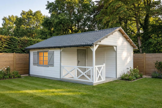 Chestnut Wooden House by Woodera – modern timber garden house with covered veranda