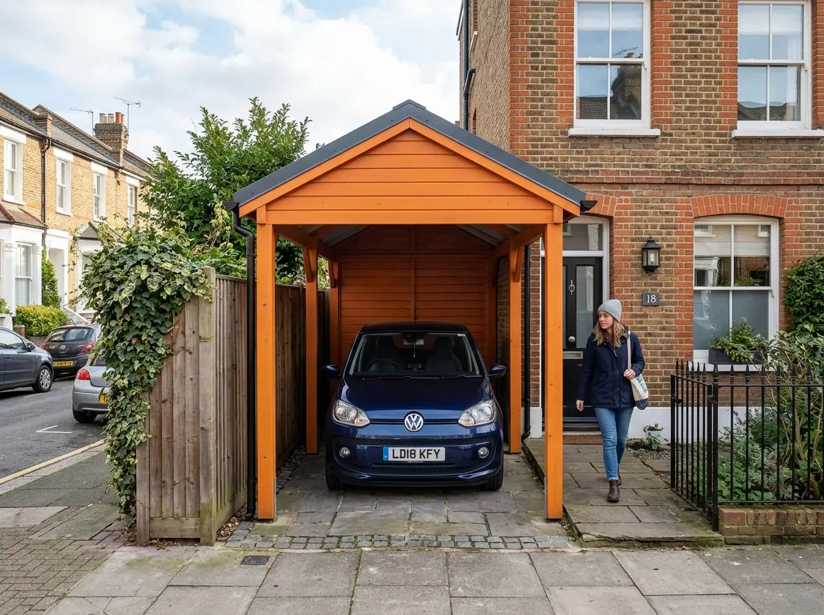 Compact single wooden carport for narrow UK driveway