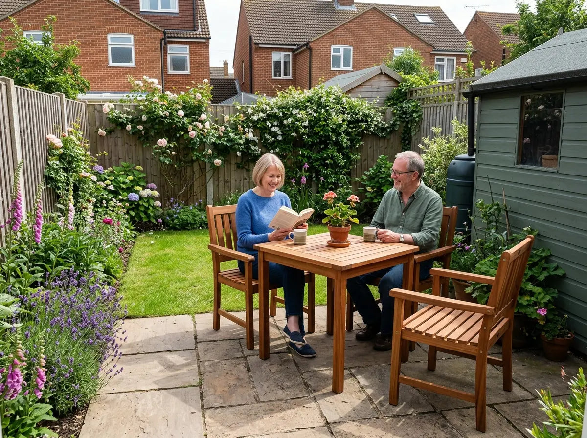Compact wooden garden furniture set with table and chairs UK