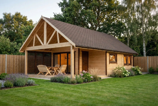 Crocus Wooden House by Woodera – modern timber garden house with covered terrace