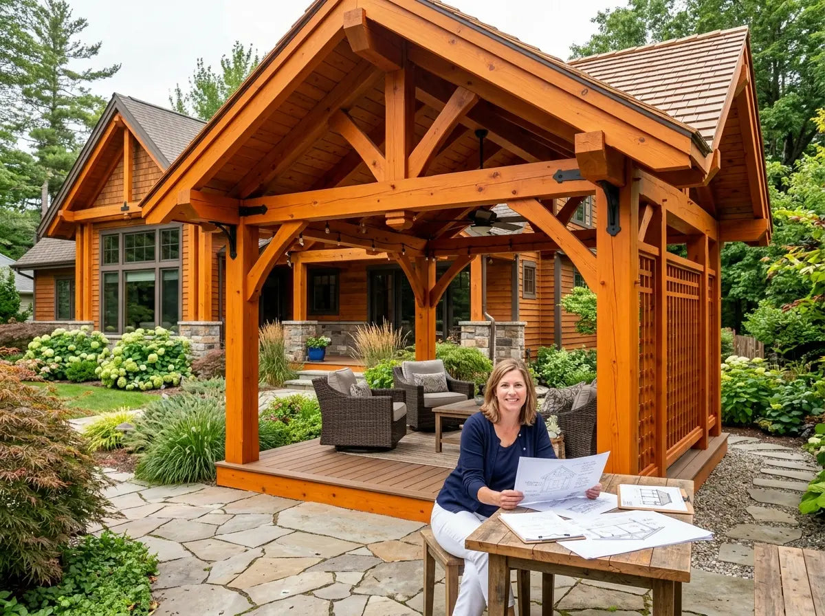 Custom made wooden gazebo designed to complement modern UK home