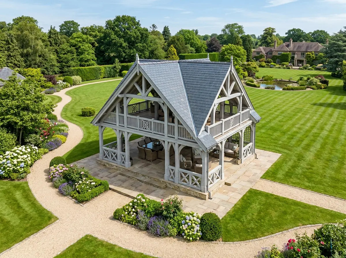 Large custom made wooden gazebo for luxury UK garden property
