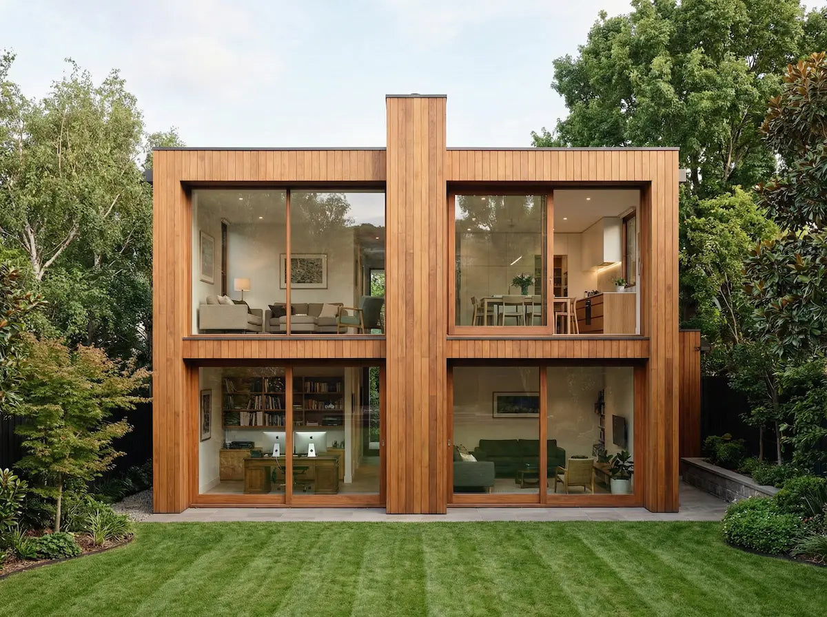 Modern two storey timber house with large glazing UK