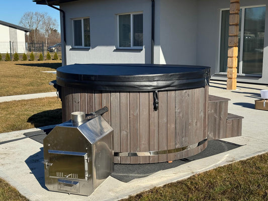 200 cm fiberglass round hot tub with external wood-fired heater, thermowood cladding and wooden steps