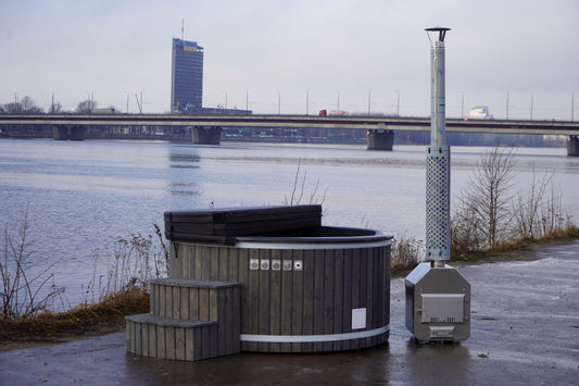 200 cm fiberglass round hot tub with external wood-fired heater, steps and thermo lid