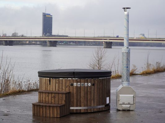200 cm fiberglass round hot tub with glitter effect, external wood-fired heater, steps and thermo lid