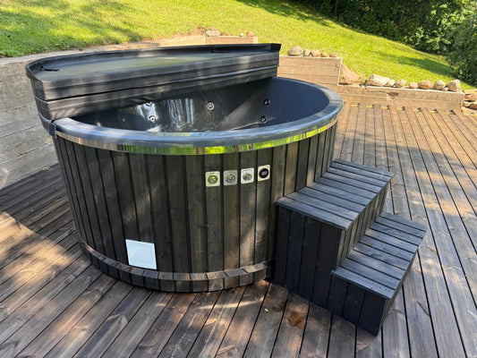 200 cm fiberglass round hot tub with 9 kW electric heater, hydromassage, air massage, dual LED lighting and thermometer