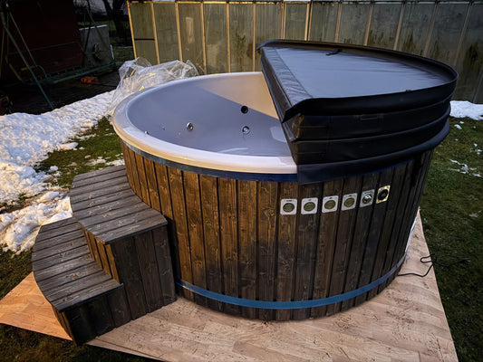 200 cm fiberglass round hot tub with external wood-fired heater, steps and thermo lid