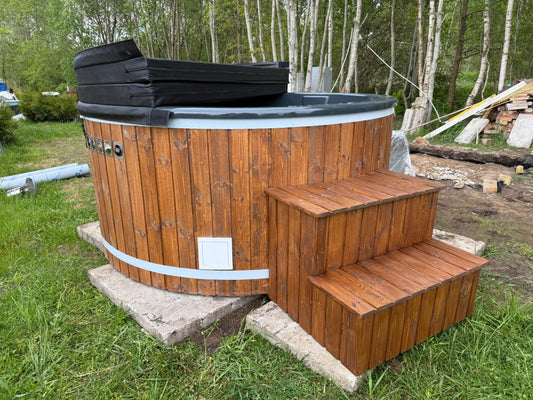 200 cm fiberglass round hot tub with external wood-fired heater, hydromassage, air massage, LED lighting, thermometer and wooden steps