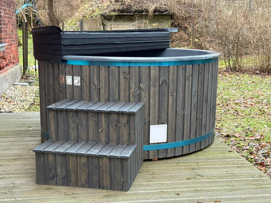 200 cm fiberglass round hot tub with external wood-fired heater and chimney kit
