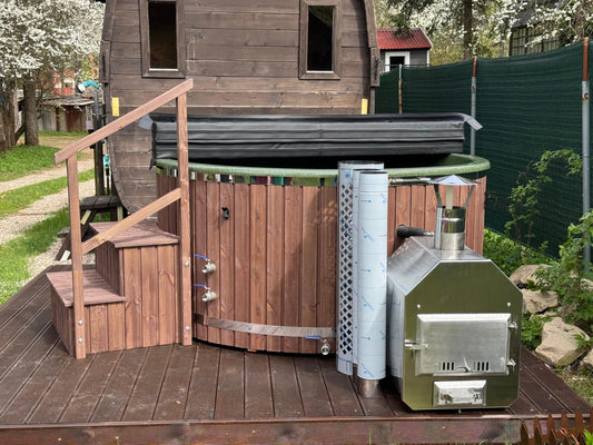 200 cm granite-effect fiberglass round hot tub with external wood-fired heater, thermo lid and wooden steps